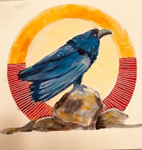 a watercolor painting of a crow on top of a rock